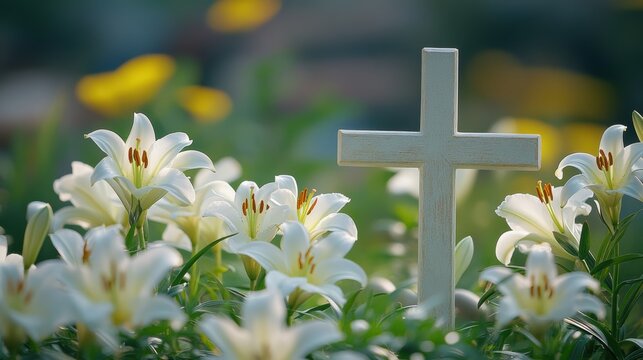 Icon of a cross surrounded by Easter lilies, showcasing a religious theme
