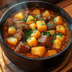 Hearty beef stew with potatoes and vegetables in bowl, homemade comfort food dish traditional winter meal with herbs and rich broth
