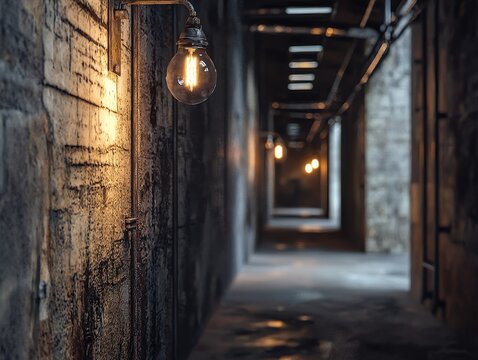 Illuminated hallway with vintage lights. Dark and mysterious corridor creates a compelling visual. Architecture and interior lighting.