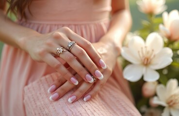 Fototapeta premium Close-up romantic photo of french manicure. Woman in pink dress with flowers. Rings on fingers. Gentle pastel colors, fresh design. Ideal for beauty, nail salon.