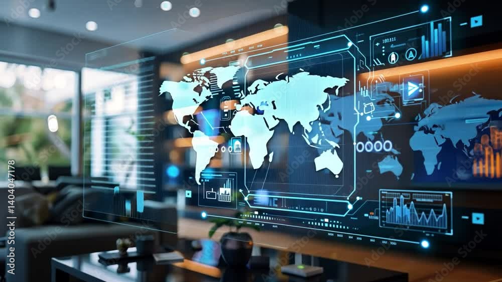 Poster a modern living room features a holographic world map and advanced digital interfaces, showcasing te