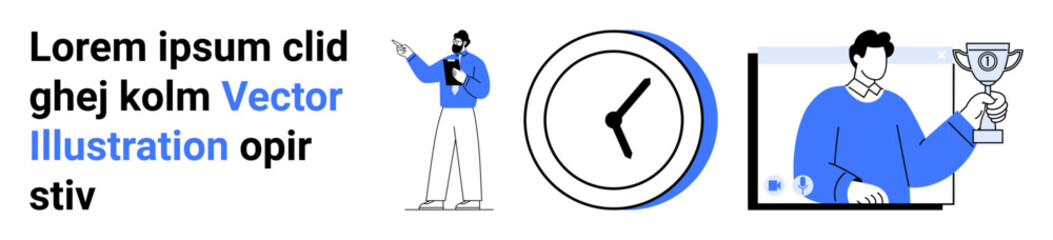 Person delivering a speech, clock emphasizing time management, and a winner holding a trophy. Ideal for motivation, productivity, success, education, achievement, presentations simple landing page