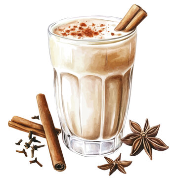 watercolor chai latte with cinnamon sticks clip art preview