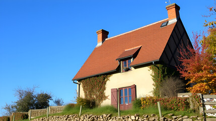 An old village house against a blue sky in autumn