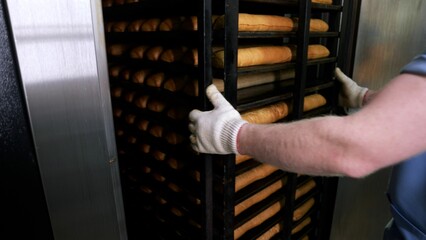 Baker placing bread on shelves in industrial oven