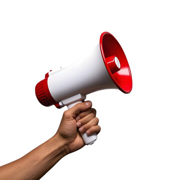 A hand holding a red and white megaphone isolated on transparent background.