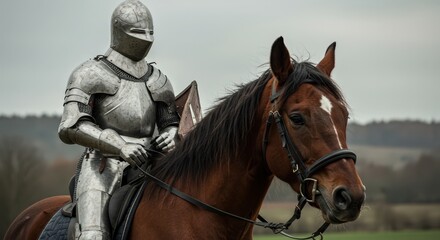 Obraz premium Medieval knight in shining armor riding brown horse with white blaze. Historical reenactment of middle ages warrior in metal plate suit. Ancient battle equipment on foggy landscape.