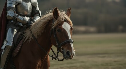 Obraz premium Medieval knight in shining armor riding chestnut horse with white blaze marking. Historical reenactment scene with armored warrior in metal plate and chainmail on battlefield. Ancient warfare concept.