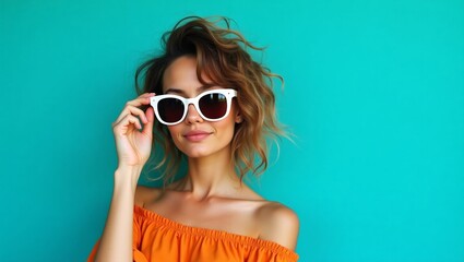 Fototapeta premium Selfassured young female hipster in orange off-shoulder top enjoys vibrant backdrop and confident pose in summer sunlight