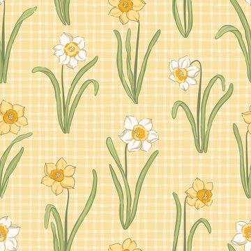 Vintage white and yellow daffodil vector seamless pattern on checkered gingham background. Nostalgic cottage country farmhouse spring design for Easter traditional kitchen textiles, rustic tableware