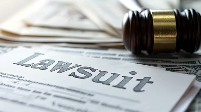 A close-up of a bankruptcy filing document with the word "Lawsuit" stamped across it, surrounded by stacks of unpaid bills and foreclosure notices, conveys a sense of legal action and financial ruin
