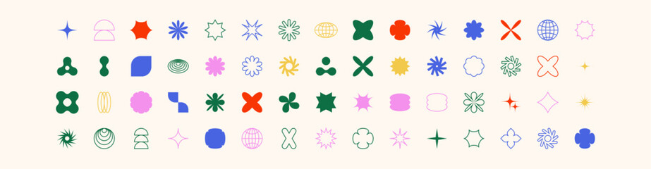 Postmodern geometric abstract shapes, Retro design symbols in Y2K. Brutalist vector shapes, trendy retro design symbols in Y2K style. Geometric shapes set.
