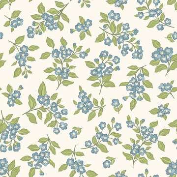 Delicate petit forget me not vector seamless pattern. Vintage ditsy flowers botanical print, perfect for cottagecore spring garden decor and traditional classic farmhouse textiles, timeless stationery
