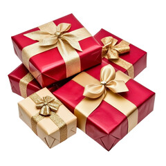 Fototapeta premium collection of beautifully wrapped gifts in red and gold paper with elegant bows, perfect for festive celebrations and special occasions