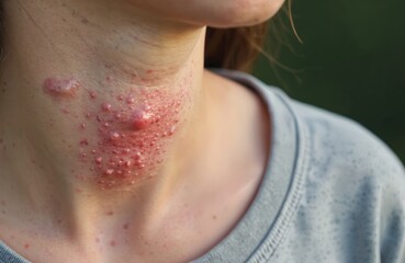 Fototapeta premium Close-up view of teenager skin affected by measles. Skin disease symptoms, rash. Red spots, infectious illness, health problems, contagion concept. Dermatological issues, medical condition