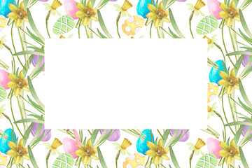 Frame of spring flowers, Easter eggs, leaves watercolor illustration isolated on white. Narcissus and eggs hand drawn in pastel tones for Easter cards, packaging and festive decor