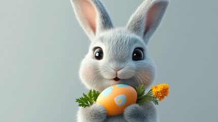 Fototapeta premium Easter bunny clipart with a playful pose, holding an Easter egg in one hand and a carrot in the other