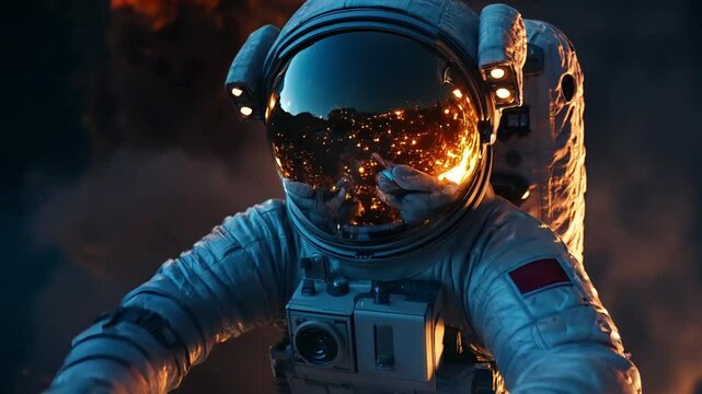 An astronaut moves through a fiery explosion in space, surrounded by glowing embers and intense light, capturing a dramatic and high-stakes moment of interstellar action and survival.