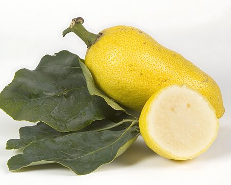 Fresh yellow fruit with green leaves, sliced revealing white interior
