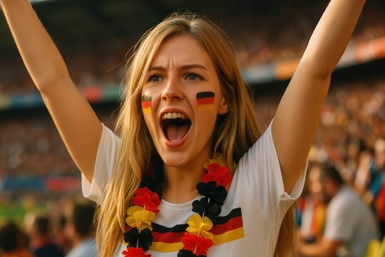 A blonde German woman at a soccer match cheers with face paint and a garland, arms raised in excitement. Concept of: Sporting exhilaration. - Powered by Adobe