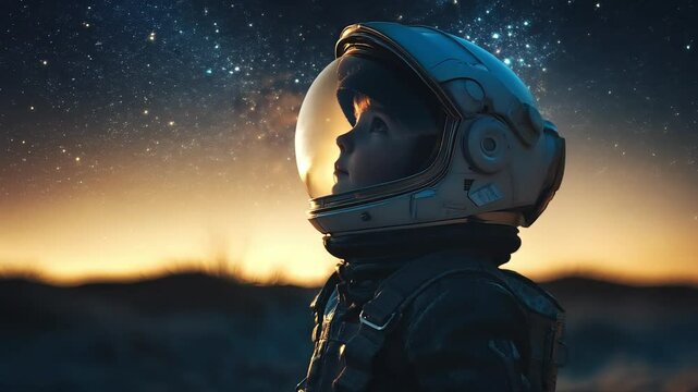A young kid girl child in an astronaut suit looks up in wonder at a star-filled sky during twilight, capturing a magical moment of curiosity, hope, and limitless dreams of space exploration.