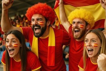 Obraz premium A group of lively Spanish fans with face paint, wigs, and a flag passionately cheers at a game. Concept of: Unbridled enthusiasm.