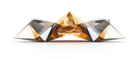 Abstract geometric shape in gold and silver with sharp edges isolated on white background.