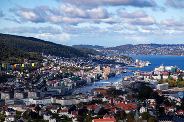 Sunny Day  in Bergen: City, Marina, and Mountain Views