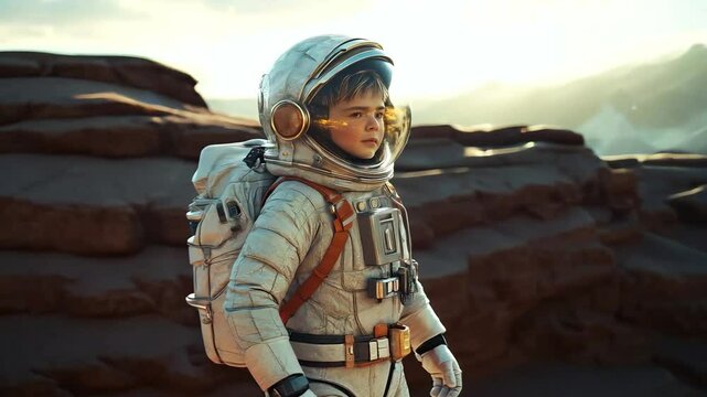 A young kid boy child astronaut gazes in awe at a stunning alien landscape under a glowing sky, symbolizing innocence, exploration, and the limitless curiosity of space adventure in a distant world.