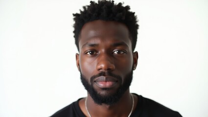 Fototapeta premium Serious expression of a young handsome black man against a plain background in a bright setting