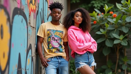 Fototapeta premium Young adults pose casually against a vibrant urban mural in a lively street setting during daytime