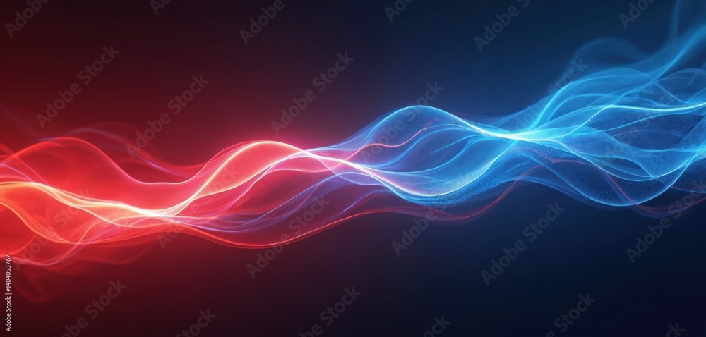 Poster abstract artwork of red and blue light waves flowing against dark background. futuristic, dynamic de