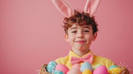 Fototapeta premium Playful Easter bunny ears worn by a child, with a pastel-colored bowtie and a basket of brightly decorated eggs