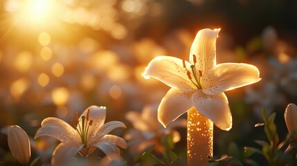 A glowing cross with lilies and soft golden light, displaying the words Happy Easter in elegant script