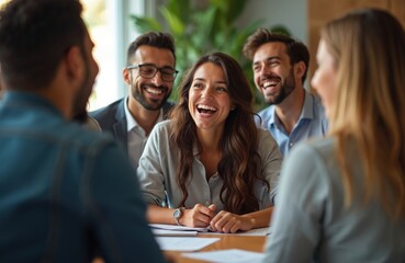 Happy colleagues share laughter together during team building activity. Smiling people fun in office. Positive work environment for employees. Group of friends celebrating successful project,