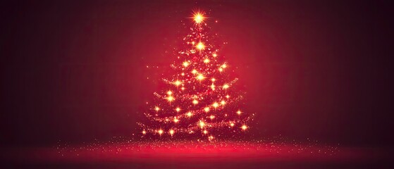 Abstract glowing Christmas tree on red background.