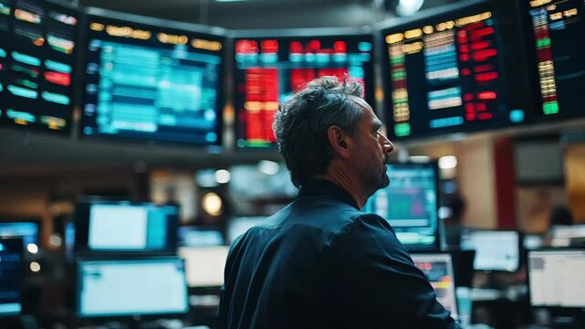 Trading room with brokers reacting to sudden changes in U.S. Treasury yields. Traders are watching the screens as bonds prices, interest rates fluctuate. Digital ticker boards display real-time data