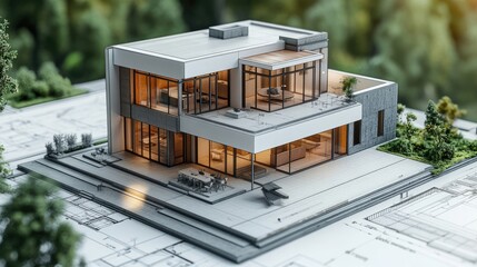 Modern house model rests atop architectural blueprints.