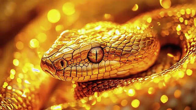 A close up of a golden serpent with shimmering scales, symbolizing the zodiac sign of gold snake, exuding mystique sleek and elegance, for cultural and astrological horoscope themed creative projects.