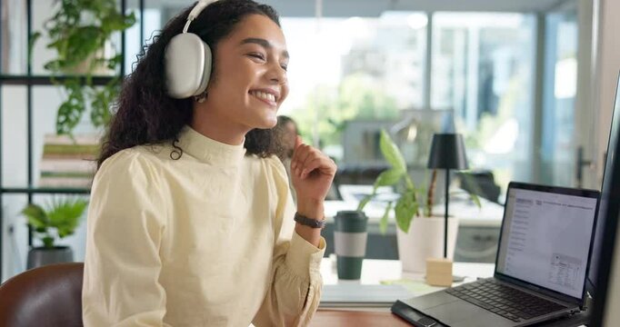Headphones, dancing and businesswoman in office with computer for creative project listening to music. Technology, audio and female critic editor working online with streaming album for review.