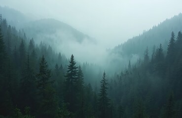 Fototapeta premium Misty mountain forest landscape with pine trees. Foggy, mysterious atmosphere. Hiking adventure, active outdoor exploration, rest, travel, journey in wild nature. Scenic trail, trekking, walking in