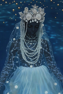 An artistic and mystical photograph of Yemanja, the orisha of the sea, depicted as a celestial goddess emerging from the depths of the ocean. Her face is hidden by a veil of white beads and pearls, re