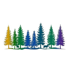 Obraz premium colorful illustration of row of evergreen trees in gradient of hues, from yellow to purple, creating vibrant and artistic forest scene
