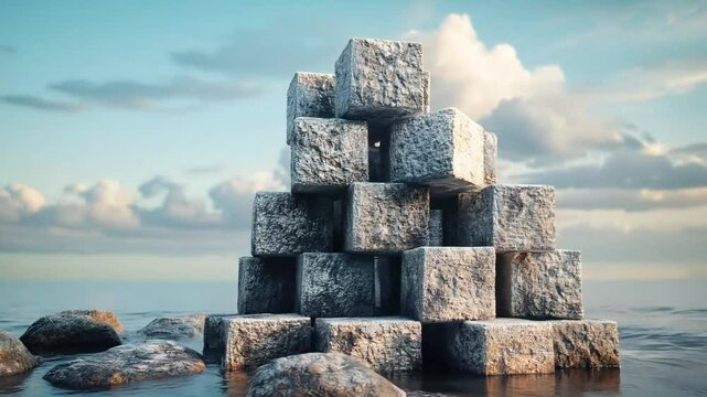 A towering structure of stones in water at sunset, symbolizing strategic strength and stability, under a cloudy sky, ideal for conceptual resilience and foundation visualizations.