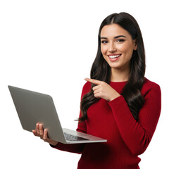 Young woman in a red sweater holding a laptop and pointing with a confident smile isolated on transparent background