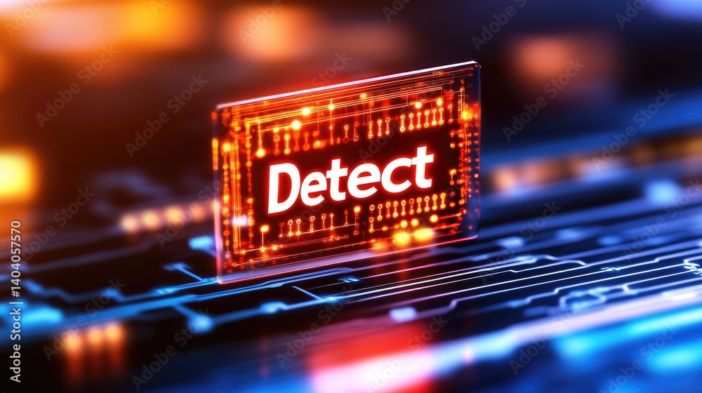 Poster cybersecurity detection system digital screen shows detect word on circuit board