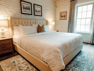 Inviting bedroom with a plush bed, soft lighting, and elegant decor for a relaxing retreat. Peaceful ambiance for restful sleep.