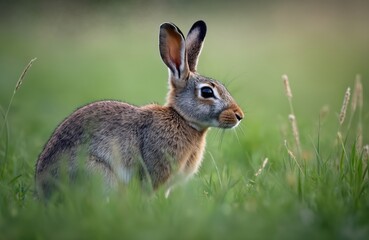 Portrait gray hare sitting in rich green grass. Furry wild mammal looks around. Cute rabbit in natural environment. Close-up on fluffy animal in park. Beautiful wild hare in field.