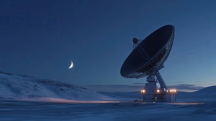 A large satellite dish stands in a snowy, desolate landscape, illuminated by the moonlight of a crescent moon.