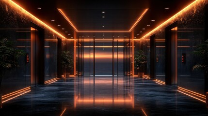 Modern elevator lobby, dark and sleek